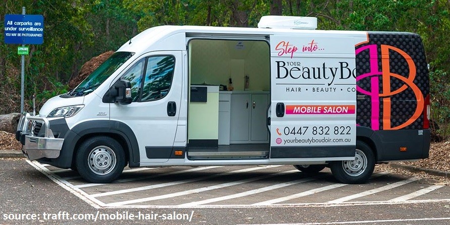 fiat mobile hair salon parked with open door